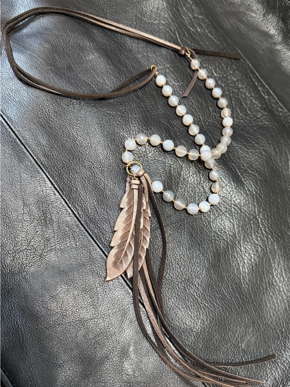 Pearl Bead Necklace with Brown Leather Tassel and Feather Accent